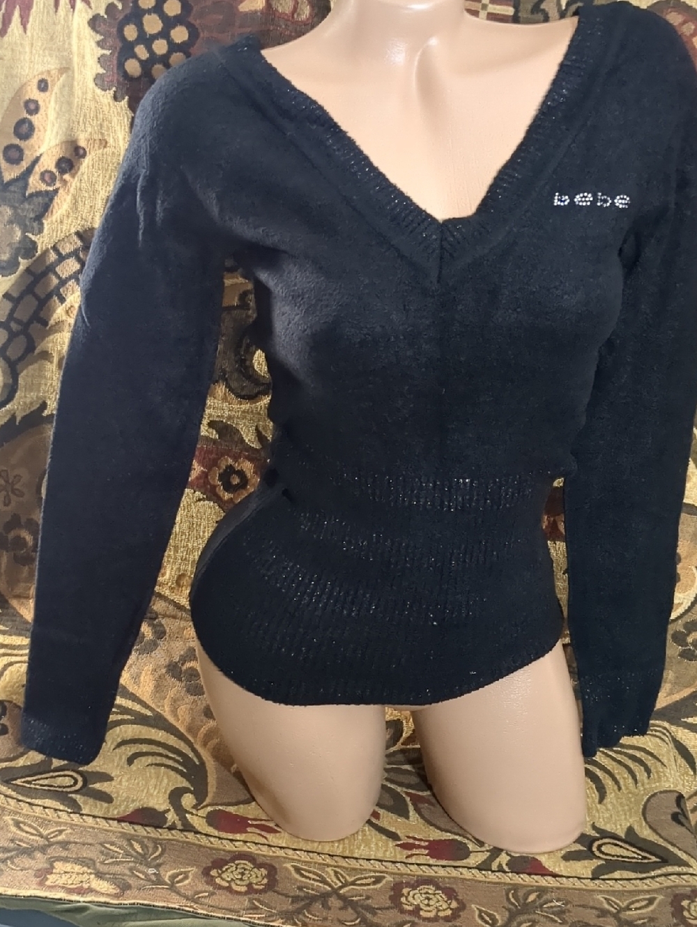 bebe Black V-Neck Rhinestone Logo Sweater sparkle chenille